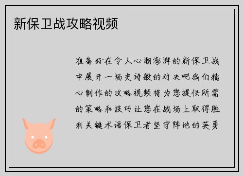新保卫战攻略视频