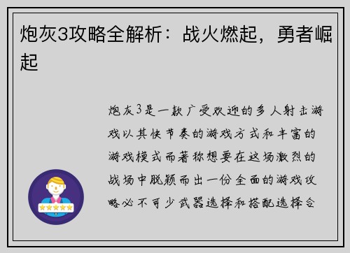 炮灰3攻略全解析：战火燃起，勇者崛起